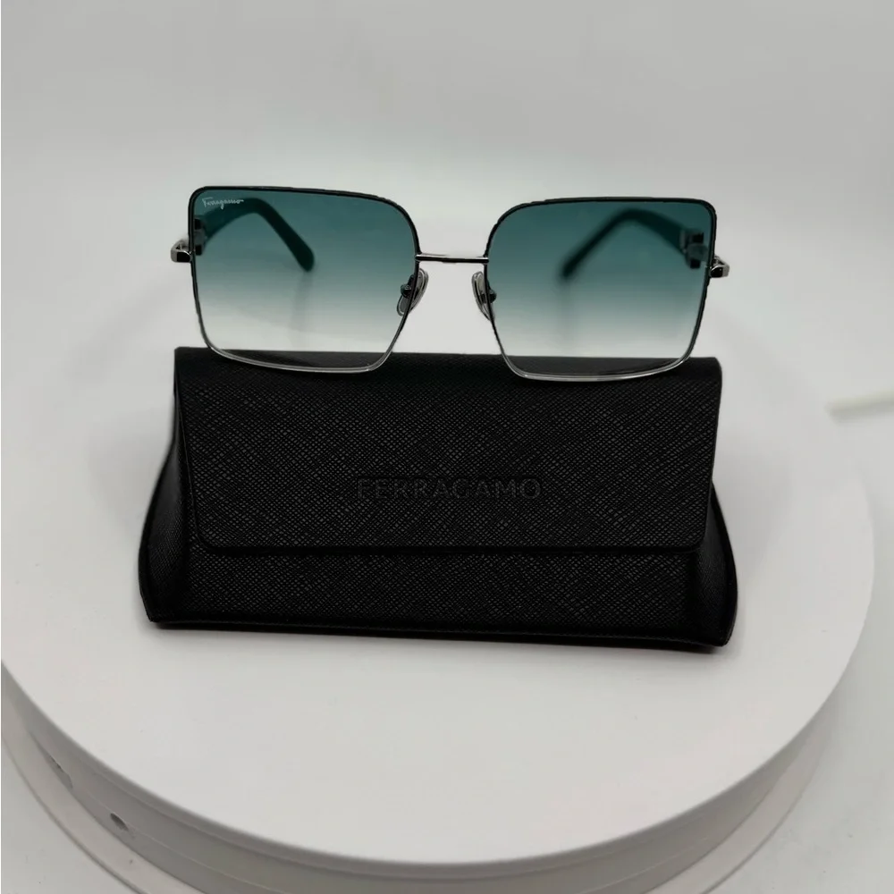 NEW! Salvatore Ferragamo Rectangle Sunglasses Silver Frame /Turquoise Gradient